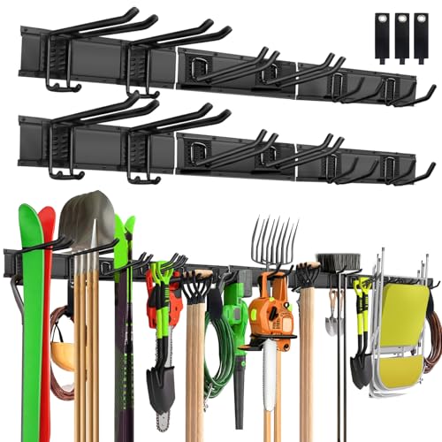 PIYILO Garage Wall Organizer, 96 in Garden Tool Organizer with 12 Adjustable Garage Hooks and 3 Storage Straps, Heavy Duty Tool Holder Wall Mount for Garden & Shed Tools - size: 96 inch 12-Hook