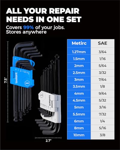 toolant Allen Wrenches Sets 26pcs(Metric&SAE), Long Arm Allen Wrench with Ball End, Metric Hex Key Set 1.27mm- 10mm, SAE Hex Key Set 3/64"- 3/8", Holder Design for Auto Maintenance and DIY Projects - size: 26PCS(Metric&SAE)