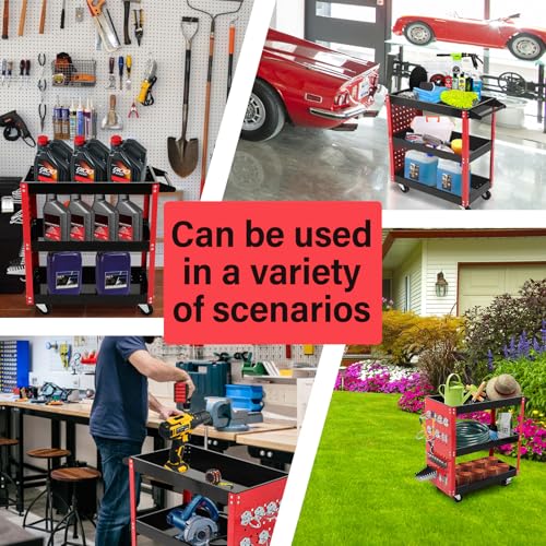 3 Tier Rolling Tool Cart, Mechanic Tool Cart on Wheels, for Garage, Warehouse, Workshop, Tool Room, Red & Black