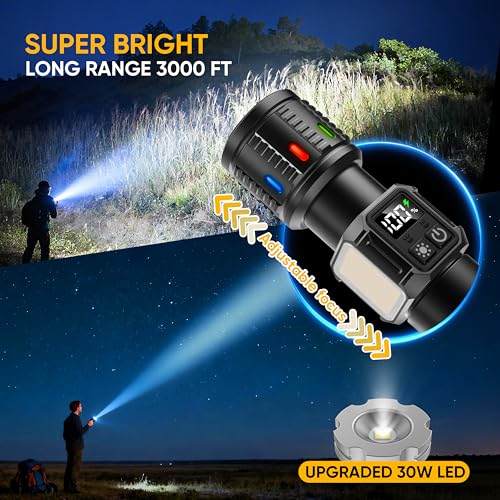 Rechargeable Flashlights High Lumens 100,000, Super Bright LED Flash Light Long Lasting USB C LCD Display, Dual Light Source & Buttons with Red Light, for Camping Hiking Emergency Home Gift