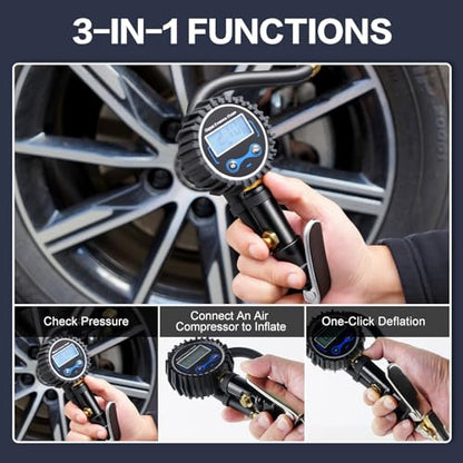 Digital Tire Pressure Gauge with Inflator 250 PSI | Heavy Duty Air Chuck & Compressor Accessories with Quick Connect Coupler and Rubber Hose for Cars, Inflatables