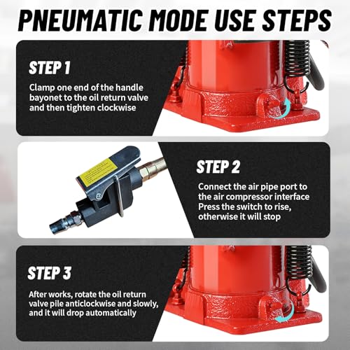 20 Ton Air Hydraulic Bottle Jack with Air-Powered or Manual Operation, One-Piece Hydraulic Cylinder Design, Air Bottle Jack with Carry Handle for Pickup Trucks, Commercial Vehicles, and Farm Equipment - color: Red