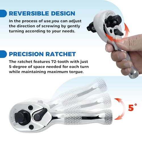 Der Erwachte 3-in-1 Stubby Ratchet Handle | 1/4 ", 3/8 ", 1/2" Drive Ratchet Wrench, 72-Tooth, Reversible Switch, Full-Polished Chrome Plating, Chromium Vanadium Steel - size: 3IN1 Stubby Ratchet