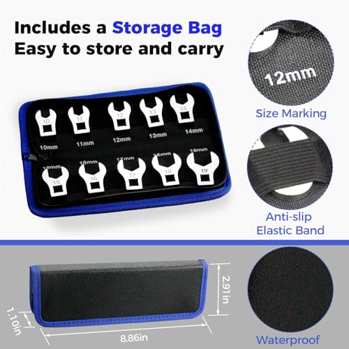 3/8" Drive Crowfoot Wrench Set, 10 Piece Cr-V Steel + Ni-Cr Plating Super Hard Open End Crow Foot Tool Set, Metric 10-19 mm Crows Feet Wrench Set with Storage Pouch for Home Bike Car Repair - style: Regular - Metric