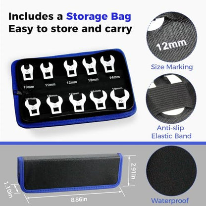 3/8" Drive Crowfoot Wrench Set, 10 Piece Cr-V Steel + Ni-Cr Plating Super Hard Open End Crow Foot Tool Set, Metric 10-19 mm Crows Feet Wrench Set with Storage Pouch for Home Bike Car Repair - style: Regular - Metric