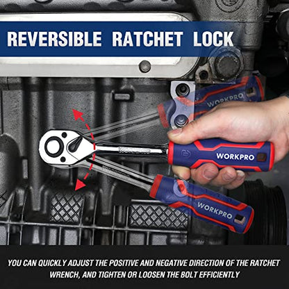 WORKPRO 3-Piece Ratchet Set, 1/4", 3/8", 1/2" Drive Ratchet Wrench | Quick-Release Reversible, 72-Tooth, Chrome Alloy Made - size: 3-Piece Set: 1/4", 3/8", 1/2"