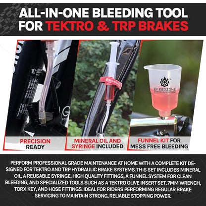 BleedZone Master Tektro TRP 4 Piston Brake Bleed Kit with 120ml Premium Mineral Oil, Hydraulic Bike Brake Bleeder Kit for Tektro & TRP Brakes, Reusable Tools, Syringe & Hose Hydraulic Maintenance - style: 4 Piston Brake