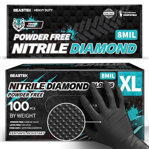 BEASTEK Nitrile Disposable Gloves, 8Mil Latex & Powder Free Chemical Resistant Heavy Duty Cooking Diamond Gloves Black 100Pcs - color: X-large (Black)