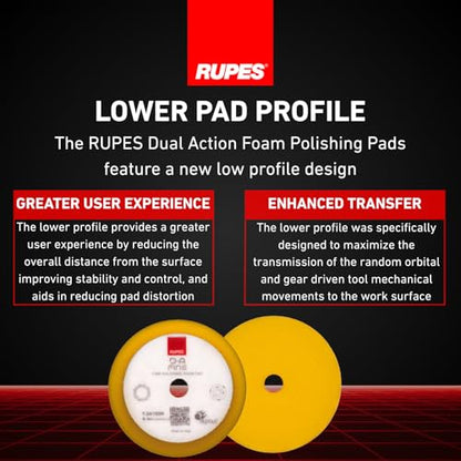 RUPES 9.DA100M Pack of 24 Yellow D-A Fine Finishing Foam Pads 100mm | Ideal for Paint Correction & Gloss Enhancement | Moderate to Fine Defect Removal | Compatible with 4" Backing Plate - size: Fine 100mm, style: Pack of 24