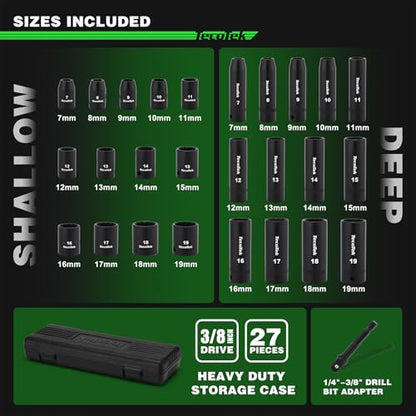 TecoTek 27 Pieces 3/8-Inch Drive 12-Point Metric Impact Socket Set, CR-V, 7mm to 19mm, Standard and Deep, 1/4"-3/8" Drill Adapter - size: 7mm-19mm(Deep & Shallow)