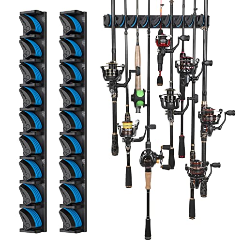 PLUSINNO 2 pack Vertical Fishing Rod rack, Wall Mounted Fishing Rod holder, 2 Packs Fishing Pole Holders Hold Up to 18 Rods or Combos, Fishing rod holders for garage, Fishing Gear and Gifts for Men - style: Blue 2-pack (store 18 combos)