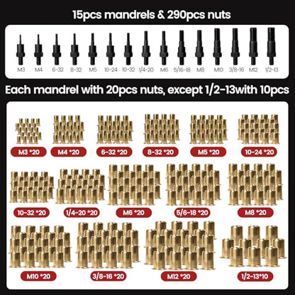 Rivet Nut Tool, 16" Heavy Duty Rivnut Tool Kit with 15PCS Metric/SAE Mandrels, 290PCS Rivet Nuts, Wrench, Gloves and Carrying Case, Auto Release Nut Design for Automotive, Construction & DIY - size: With 15 Mandrels & 290 Nuts