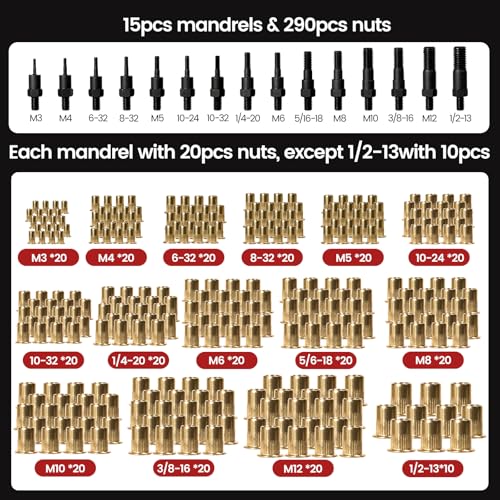 Rivet Nut Tool, 16" Heavy Duty Rivnut Tool Kit with 15PCS Metric/SAE Mandrels, 290PCS Rivet Nuts, 2 Step Drills, Wrench, Gloves & Carrying Case, Auto Release Nut Design - size: With 15 Mandrels 290 Nuts & 2 Step Drills