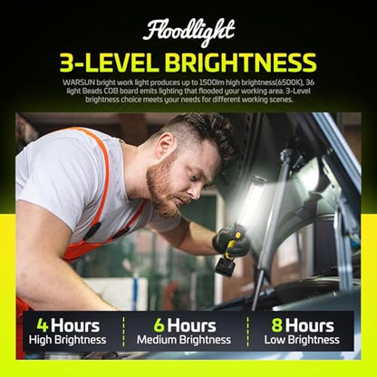 WARSUN 2PC Rechargeable 1500LM COB LED Work Light-Magnetic Hands-Free Trouble Light with Hook, IPX4 Waterproof for Garage Repair, Mens Fathers Gifts-Emergency Light Tool for Men (Yellow) - size: 2 PACK