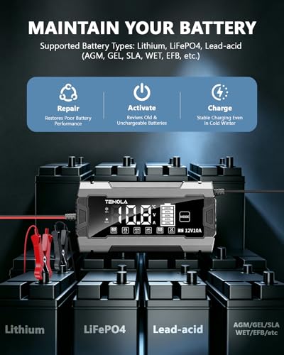 12V 10A Smart Battery Charger Fully Automatic Battery Maintainer Trickle Charger with Pulse Repair LCD Display Temp Compensation for AGM Gel SLA LiFePO4 Flooded Deep Cycle Motorcycle Boat Batteries - color: Gray-Black