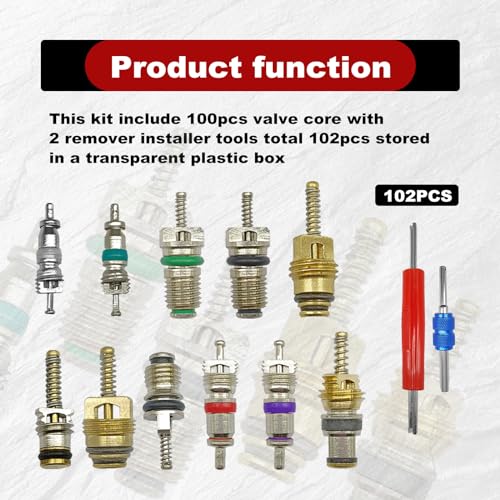 102Pcs Air Conditioning Valve Core Accessories Kit, A/C R12 R134a Refrigeration Tire Valve Stem with Double Head Dual Dismantling Remover Installer Tool Assortment Kit