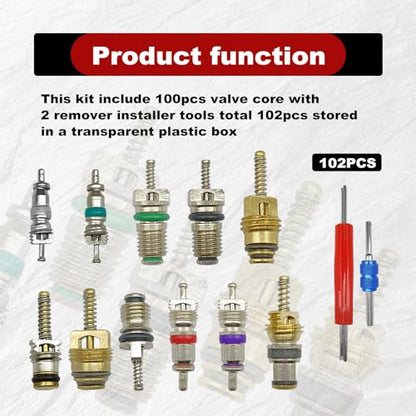 102Pcs Air Conditioning Valve Core Accessories Kit, A/C R12 R134a Refrigeration Tire Valve Stem with Double Head Dual Dismantling Remover Installer Tool Assortment Kit