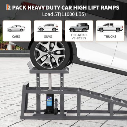 2PCS Hydraulic Car and Truck Service Ramps, 11000 Lbs (5 Tons) Low Profile Car Lift Service Ramps, Adjustable Lift Height 9.8" to 16.21" Height for Oil Changes, Auto Repair, Vehicle Maintenance - Gray