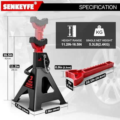 3 Ton (6,600 LBs) Jack Stands with Double Pin Locking,Rubber Cover and Large Foot Base,11"-17" Adjustable Height,Heavy Duty Car Jack Stands,Lifting SUV,MPV,Pickup Truck,ATV/UTV,1 Pair - color: red-standard, size: 3ton Load Capacity