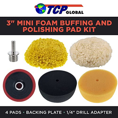 TCP Global Brand 3" Mini Buffing and Polishing Pad Kit with 4 Pads (2 Foam, 2 Wool), Backing Plate, and 1/4" Drill Adapter