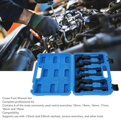 Crows Foot Wrench Set Metric Flexible Head Crowfoot Flare Nut Wrench Set for Hard to Reach Nut Removal in Automotive Repair Steel Construction with Blow Molded Case 6 Piece Kit