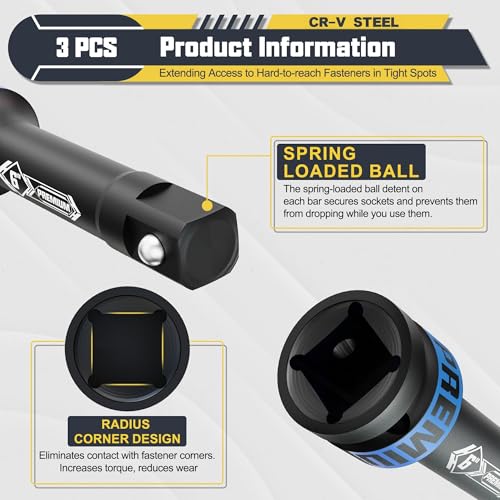 3 Pcs 3/4" Drive Impact Extension Bar Set, 4" 6" 10" Length Socket Extension, CR-V Steel, Narrow and Deep Areas in Bicycle, Automotive Repair or Industrial Operations - size: 3/4" 4-Inch 6-Inch 10-Inch