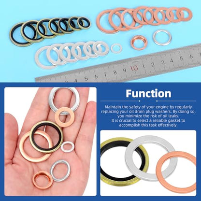 Glarks 143pcs 10 Sizes Automotive Oil Drain Plug Gasket Kit M8 M10 M12 M14 M16 M18 M20 M22 Aluminum Copper Steel Oil Crush Washer Seal Oil Drain Plug Crush Washer