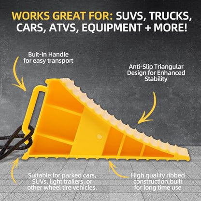 Homeon Wheels RV Camper Large Wheel Chocks Extra Wide with Handle and Rope for Travel Trailers, Cars, Tire Chocks Blocks 2 Packs Hard Plastic Heavy Duty(Yellow) - color: Yellow Large Chocks