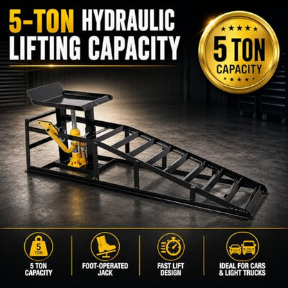 Car Ramps 2 Pack, Heavy Duty Steel Hydraulic High Lift Service Vehicle Ramps with Pedal, 5 Ton Low Profile Hydraulic Car Ramps with Support Jack for DIY Auto Beauty,Black - color: Black