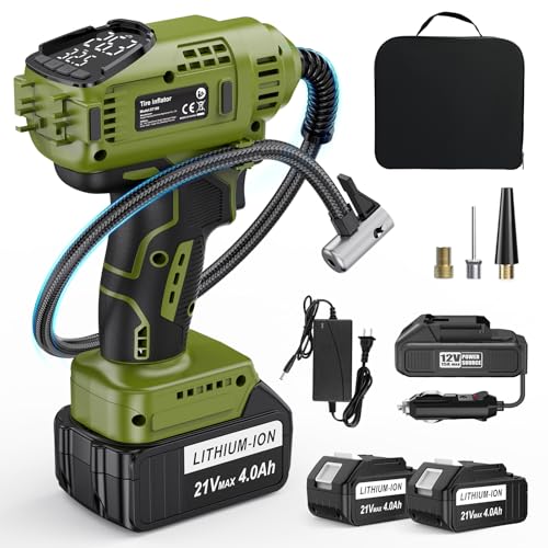TREE.NB Cordless Tire Inflator Portable Air Compressor with 2 21V Battery Powered Air Pump Portable Tire Inflator for Car 150PSI with Dual Power Supply Modes, LED Light