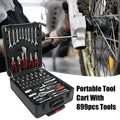 899pcs Rolling Tool Box Set with Lock,Rolling Trolley Case Tool Sets, 4 Layer of Tool Sets 90 Piece Tool Kits on Wheel, Wrench Socket Rolling Hand Tool Box Tool Kit for Garage,Repair Kit(Black) - size: 899pcs - Black