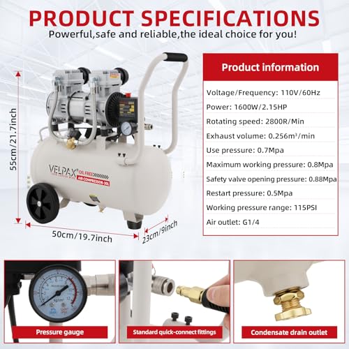 Ultra Quiet Air Compressor, Only 68dB, 8 Gallon Tank, Oil-Free, 110V/60Hz 2.15HP, 9.04CFM@115PSI, Air Compressor Perfect for Spray Painting, Auto Repair, Tire inflation, Woodwork nailing - size: 8 Gallon