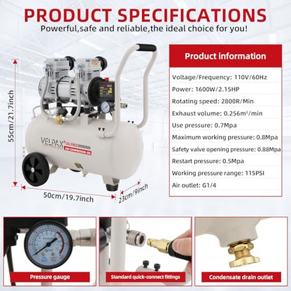 Ultra Quiet Air Compressor, Only 68dB, 8 Gallon Tank, Oil-Free, 110V/60Hz 2.15HP, 9.04CFM@115PSI, Air Compressor Perfect for Spray Painting, Auto Repair, Tire inflation, Woodwork nailing - size: 8 Gallon