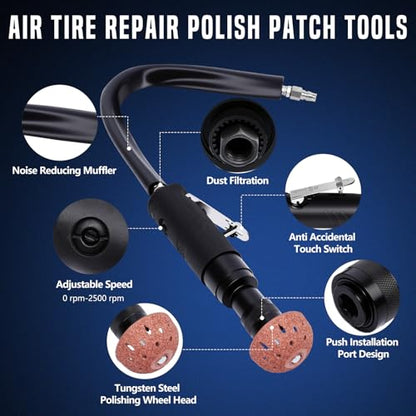 Air Tire Repair Polish Patch Tools, Includes 2500 RPM Low Speed Air Tire Buffer, Inner Liner Scraper, Patch Roller, Tungsten Steel Buffing Wheel with 3 Connector for Tire Grinding Polishing - color: 15PCS