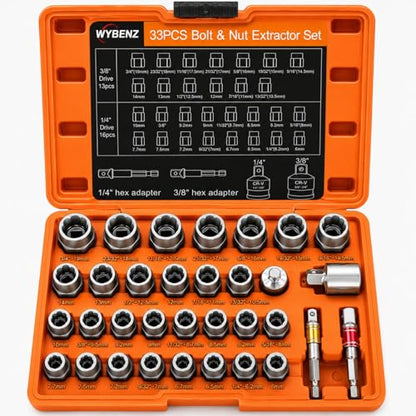 33 PCS Bolt Extractor Set, 3/8" & 1/4" Drive Impact Bolt & Lug Nut Remover Socket Tool Kit, Stripped Bolt Extractor Set, Screw Extractor For Broken,Damaged, Frozen, Studs, Rusted, Bolts, Nuts & Screws - size: 33PCS