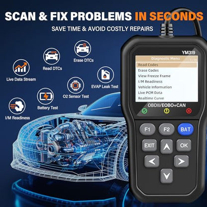 BluSon YM319 OBD2 Scanner Diagnostic Tool with Battery Tester, Check Engine Fault Code Reader with Live Data, Cloud Printing, DTC Lookup, Freeze Frame, Scan Tool for All OBDII Protocol Cars Since 1996 - color: Black