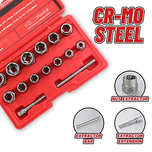 15-Pcs Bolt Extractor Set 3/8'' Drive Easy Out Bolt Extractor Set | Stripped Bolt Remover Nut Extractor Set for Damaged, Frozen, Rusted Sockets, Rounded-Off Bolts, Nuts & Screws - size: 15Pcs