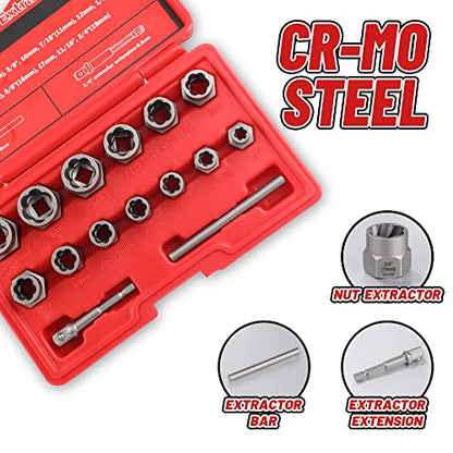 15-Pcs Bolt Extractor Set 3/8'' Drive Easy Out Bolt Extractor Set | Stripped Bolt Remover Nut Extractor Set for Damaged, Frozen, Rusted Sockets, Rounded-Off Bolts, Nuts & Screws - size: 15Pcs