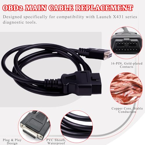 Original Main Cable Replacement OBDII OBD2 Fit for Launch X431 CRP129 CRP123 Creader VII+ Creader VIII Diagnostic Extender Connector Cable Scanner Code Readers Scan Tools Accessories 16 Pin Black