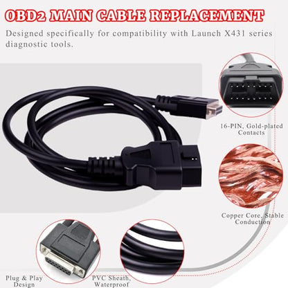Original Main Cable Replacement OBDII OBD2 Fit for Launch X431 CRP129 CRP123 Creader VII+ Creader VIII Diagnostic Extender Connector Cable Scanner Code Readers Scan Tools Accessories 16 Pin Black