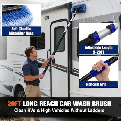 20FT Car Wash Brush with Long Handle - Car Cleaning Kit with 8 Attachments, 180° Rotating Mop, Foldable Bucket, Scratch-Free Soft & Hard Brushes for Cars, Trucks, SUV, RV, Home Windows & Siding - size: 20FT