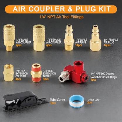 48Pcs 1/4" Quick Connect Air Hose Fittings, 1/4" NPT Air Compressor Fittings Kit with Swivel, Brass-Plated Pneumatic Tool Couplers and Plugs Set for Pneumatic Tools - size: 48 Pieces