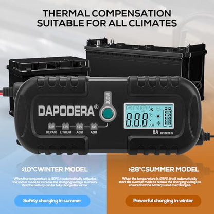 Car Battery Charger, 12V 6A Smart Battery Trickle Charger Automotive 12V Battery Maintainer Desulfator with Temperature Compensation for Car Motorcycle Mower Marine Lead Acid Batteries