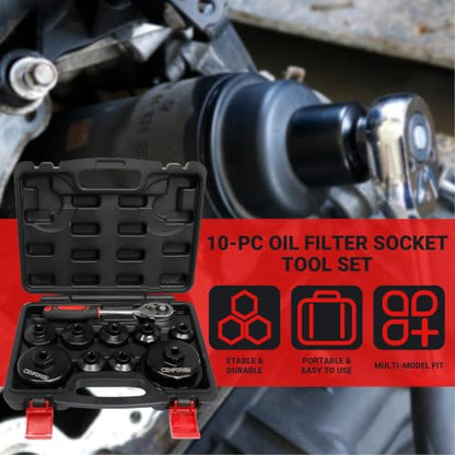 10-PC Oil Filter Socket Set, 3/8" Drive Metric Oil Filter Wrench Kit – Low Profile Design for Toyota, VW, BMW, Mercedes – Durable CrV Steel & Aluminum – Easy Grip & Quick Removal