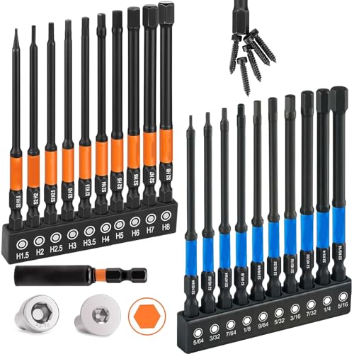 Allen Wrench Drill Bit Set 21pcs Hex Bit Set, Impact Driver Bit Set, Screwdriver Bit Set, Allen Wrenches Sets, 4" Long Metric&SAE 1/4" Hex Shank Magnetic Allen Key Drill Bits Sets with Storage Box