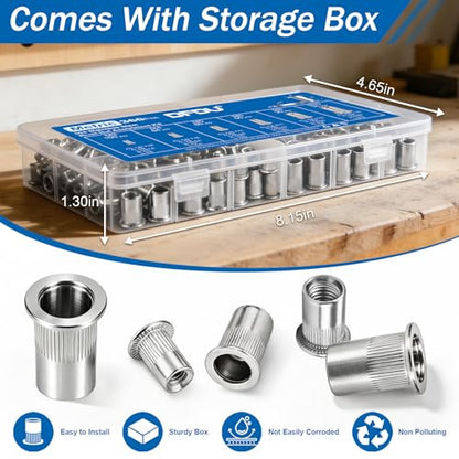 360Pcs Rivet Nut Assortment Kit, Metric Rivnut Set M3 M4 M5 M6 M8 M10 304 Stainless Steel Nutsert Flat Head Knurled Body Threaded Inserts for Metal, Automotive, Furniture - size: SS Metric kits 360pcs