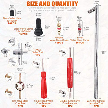 65 pcs Tire Valve Stem Tool Puller and Installer Kit- 50 Pcs Valve Cores with Slotted-Head Valve Caps, Tire Stem Puller Tools,Dual Single Head Valve Core Remover and 4-Way Valve Tool