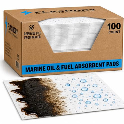 FLASHDRY Marine Oil Spill Absorbent Pads, 100-Count Oil Control Pads, 17.5" x 13.5" - Fuel, Diesel & Bilge Water Cleanup, Water-Repellent, Eco-Friendly, Tear-Resistant Hydrocarbon Absorption - size: 100 Pads - 2mm