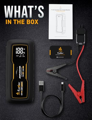 EcoNour Battery Jumper Starter Portable 1600A Peak Up to 7L Gas & 5L Diesel Engines 12V Lithium Jump Box with Jumper Cables, USB Charger, LCD Display, LED Flashlight – for Cars, SUVs, Trucks - color: Black