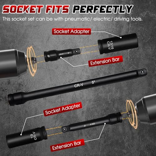 1/2" Drive Impact Socket Set 29-Piece, Cr-V-M Steel Deep Socket SAE(3/8" - 1") & Metric(10-24mm) Sizes, with Extension Bar Come with Storage Case - style: 1/2-29 pcs